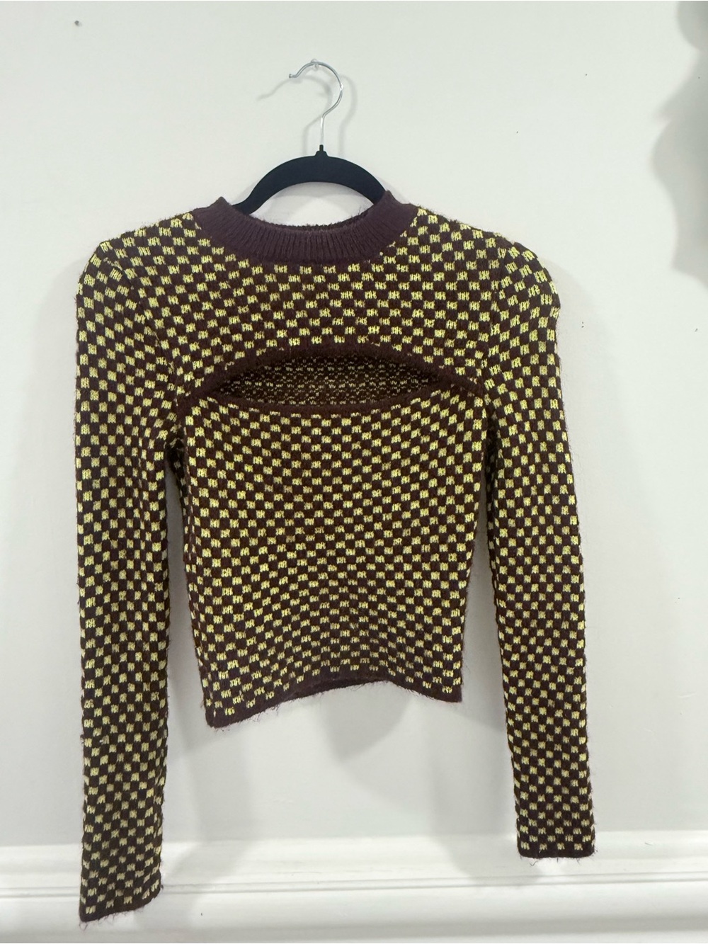 Zara Brown and Yellow Checkerboard Knit Crop Sweater